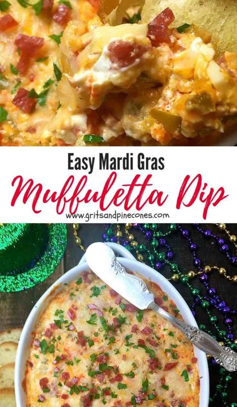 Looking for Mardi Gras recipes or food ideas for a party. Check out this Easy Mardi Gras Hot Muffuletta Dip, which is a tantalizing hot dip made with tasty green olives, salami, provolone cheese, and tangy giardiniera. It's a must try for Mardi Gras as well as perfect for a Super Bowl party! #mardigrasfoodideas, #mardigrasrecipes, #mardigrasparty via @gritspinecones Muffuletta Dip, Mardi Gras Appetizers, Mardi Gras Party Food, Mardi Gras Recipes, Super Bowl Food Easy, Madi Gras, Mardi Gras Food, Superbowl Appetizers, Pickled Carrots