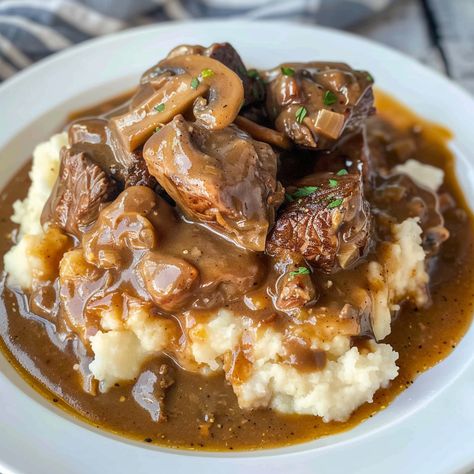 Deer Tips And Gravy, Beef Tips Over Mashed Potatoes, Beef Tips And Gravy With Mushrooms, Beef Tips And Gravy Stove Top, Beef Tips With Mushrooms And Onions, Beef And Mushroom Recipes, Beef Tips And Mushroom Gravy, Beef Tips With Mushrooms Crock Pot, Melt In Your Mouth Beef Tips With Mushroom Gravy