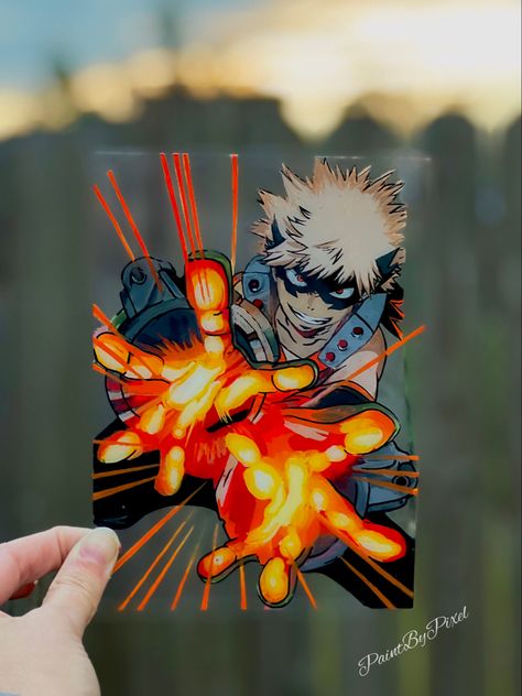 Bakugo Glass Painting Art Glass Acrylic Bright Neon 3D Mha Glass Painting, Anime Glass Painting Tutorial, Anime Glass Art, Bakugo Fan Art, Bakugo Painting, Anime Glass Art Painting, Bakugo Glass Painting, Todoroki Glass Painting, Anime Painting Glass Frame