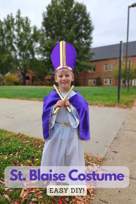 Easy DIY Costume perfect for All Saints Day Parades. St. Blaise, pray for us! Dress Like A Saint Kids, Saint Costumes For Kids Catholic Boys, Female Saint Costumes For Kids, Saint Costumes For Kids Catholic, Saints Costume, Saint Blaise Catholic, Easy Diy Costume, St Blaise, Priest Costume