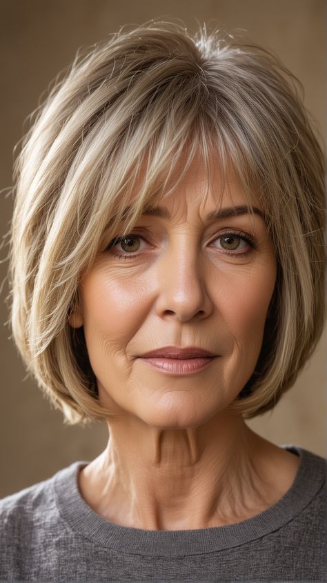 Explore our guide to the best bob haircuts for women over 60, featuring styles from the classic chin-length to trendy tousled bobs. Perfect for grey, fine, or thick hair. Chin Length Hair Layers, Fine Hair Chin Length, Hair Chin Length, Grey Bobs, Layered Thick Hair, Chin Length Haircuts, Medium Length Bobs, Short Hair Images, Haircuts For Women Over 50