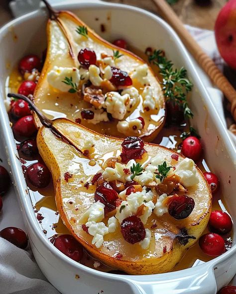 Baked Pears with Feta, Honey, and Cranberries Recipe - optimal recipes Feta Honey, Optimal Recipes, Baked Fruit Desserts, Pear Dessert Recipes, Pear Dessert, Creamy Feta, Baked Pears, Roasted Pear, Orange Cake Recipe