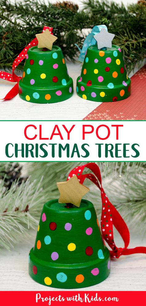 Potted Christmas Trees, Easy Christmas Ornaments, Ornament Craft, Clay Pot Crafts, Preschool Christmas, Easy Christmas Crafts, Crafts For Kids To Make, Fun For Kids, Christmas Ornament Crafts