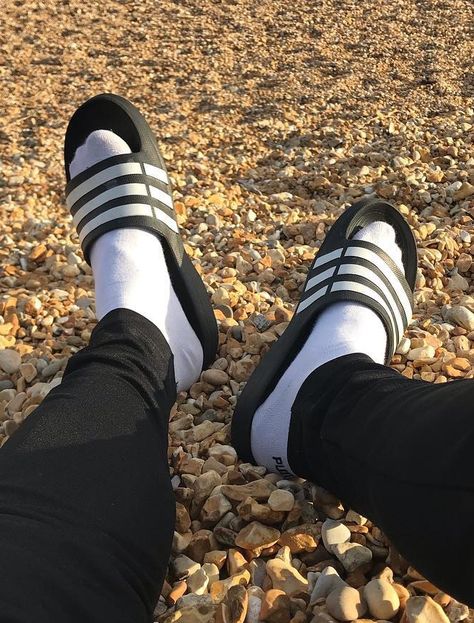 Adidas Slides Outfit Men, Adidas Slides Outfit, Best Soccer Shoes, Men In Socks, Slides Outfit, Sneaker Posters, Adidas Slides, Men Slides, Foot Socks