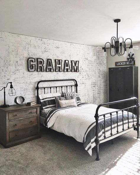 A sneak peek into Graham’s big boy room! I knew I wanted to create a city loft feel to his room and my favorite part is this faux brick… Gray Room Accent Wall, Accent Wall Teen Boy Bedroom, Toilet Next To Vanity, Boys Industrial Bedroom Ideas, Teen Boy Accent Wall, Teen Boy Bedroom Wall Ideas, Boys Bedroom Wall Ideas, Pre Teen Boys Room Bedroom Ideas, Gray Boys Room