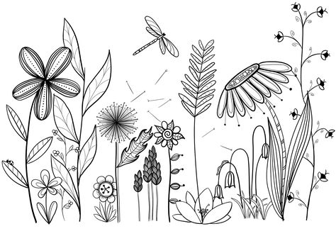 My original art, inspired by many.  Doodle, flower, line drawing, tattoo, garden, plants Flower Line Drawing Tattoo, Flower Line Drawing, Line Drawing Tattoos, Tattoo Garden, Botanical Line Drawing, Trendy Plants, Flower Line Drawings, Drawing Tattoo, Garden Drawing