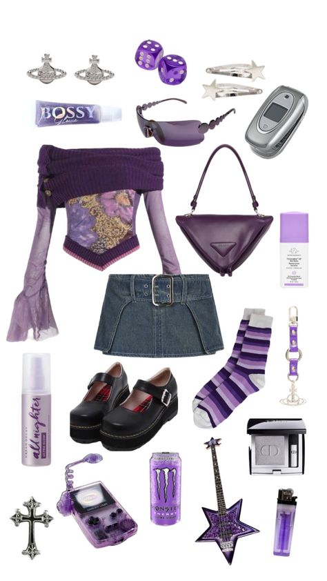 #purple #y2k #outfit #outfitinspiration #beauty Purple Bratz Outfit, Pink And Purple Y2k Outfit, 2000s Fashion Outfits Purple, Purple Acubi Outfit, Purple Birthday Outfit Ideas, 2000s Fashion Purple, Purple Y2k Clothes, Purple 2000s Outfit, Purple Themed Outfits