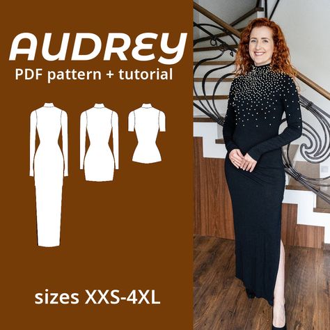 Turtleneck Dress PDF Sewing Pattern, 9 Sizes XXS-4XL With Instructions - Etsy Turtleneck Dress Pattern, Long Sleeve Dress Pattern, Dress And Blouse, Maxi Dress Pattern Sewing, Turtleneck Pattern, Bishop Sleeve Dress, Long Dress Patterns, Fitted Bodycon Dress, Flowy Summer Dresses