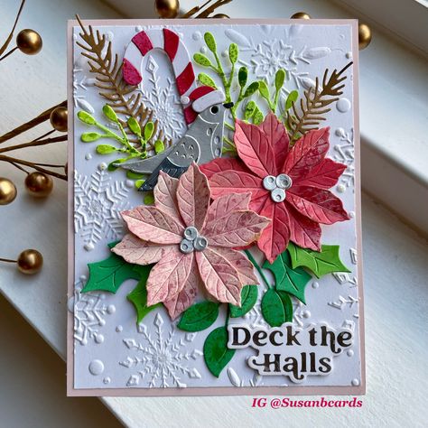 Spellbinders Christmas Bird Poinsettia, Spellbinders Christmas Cards, Holiday Birds, Poinsettia Cards, Christmas Card Inspiration, Christmas Paper Crafts, Spellbinders Cards, Christmas Bird, Pretty Christmas