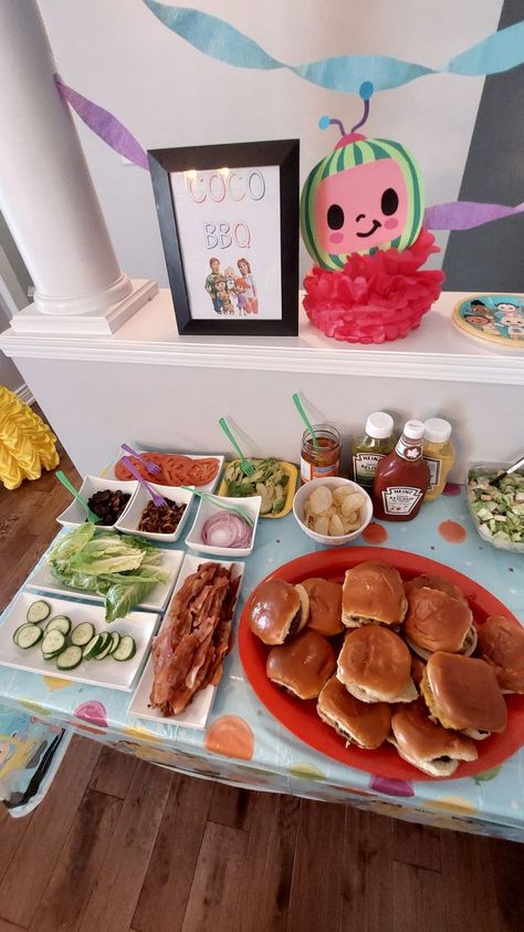 Bbq Food Table, Cocomelon Party Food, Party Food Table, Heinz Ketchup, Mermaid Theme Birthday Party, Burger Toppings, Bbq Food, Mermaid Theme Birthday, Birthday Party Food