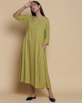 Check out Abraham & Thakore Embroidered Boat-Neck A-line Kurta with Insert Pocket on AJIO! Ajio Kurta, Abhinav Mishra, Embroidery Indian, Kurta Women, Kurtas For Women, Anamika Khanna, Raw Mango, Sari Dress, Kurta Dress