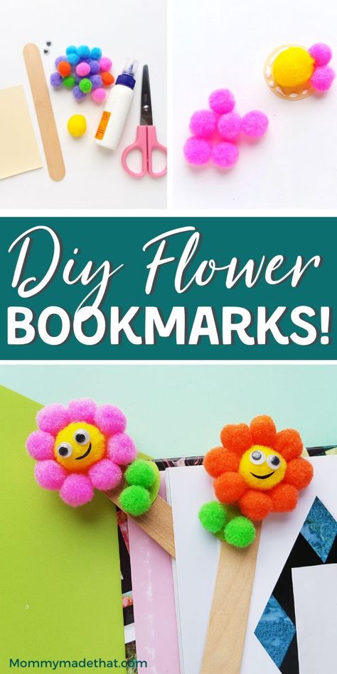 DIY flower bookmark craft! These fun little floral bookmarks are so cute and easy, and made entirely from pompoms and popsicle sticks! Easy Summer Crafts For Kids, Googly Eye Crafts, Easy Summer Crafts, Pom Pom Flower, Flower Bookmarks, Kid Games, Bookmark Craft, Summer Crafts For Kids, Pom Pom Crafts