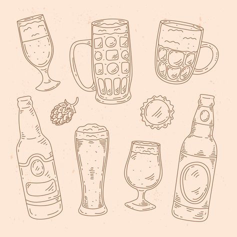 Beer Illustration Graphics, Beer Drawing Illustrations, Beer Illustration Art, Beer Sketch, Beer Bottle Drawing, Beer Doodle, Wine Drawing, Beer Drawing, Beer Graphic Design