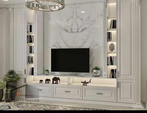 Tv Wall Neoclassic, Tv Wall Design Classic, Neoclassical Tv Wall Design, Neo Classic Tv Wall Design, Classic Tv Wall Design, Classic Tv Wall, Classic Interior Design Living Room, Tv Stand Ideas, Pik 2