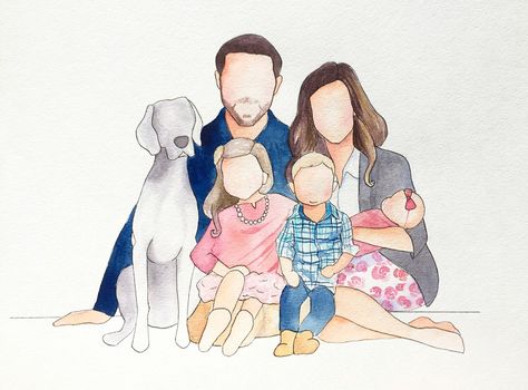 Faceless family portrait with a dog.  $30 and up for Custom watercolor faceless family paintings by brushwork by Justine. On Instagram as brushwork.by.justine. I would love to paint for you! Direct message me to set up a custom family portrait. #thefreckledfox #brushworkbyjustine #facelessfamilyportrait #faceless #hopeformartin #watercolor #watercolour #photography #weim #dog Family With Dog Illustration, Watercolor Family Portrait Faceless, Faceless Family Portrait Painting, Easy Family Portrait Painting, Faceless People Painting, Watercolour Family Portrait, Family Watercolor Illustration, Painted Family Portraits, Drawings Of Family