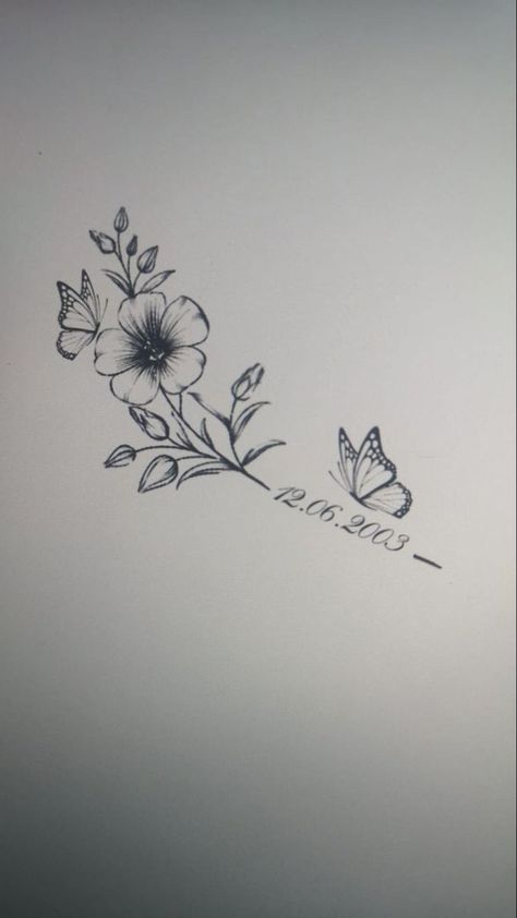 Flower Butterfly Name Tattoo, Tattoo On Wrist For Women Unique, Collar Bone Tattoo Memorial, Name In Flowers Tattoo, Rose And Butterfly Memorial Tattoo, I Am Because You Were Tattoo With Flower, Rose Tattoo For Daughter, Small Butterfly On Flower Tattoo, Birth Year Tattoo With Flower