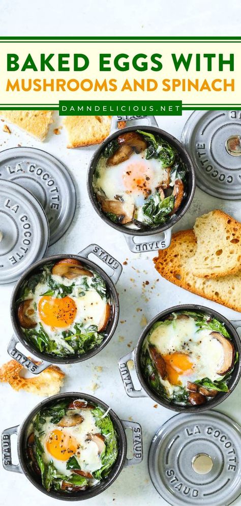 An easy brunch menu idea that's great for individual servings! You'll even want to have this delicious breakfast recipe for lunch and dinner. Made with sautéed mushrooms and spinach, these baked eggs in ramekins are healthy and hearty! Baked Eggs With Mushrooms, Ramekin Baked Eggs, Ramekin Egg Recipes, Baked Eggs Ramekin, Ramekin Egg Bake, Mini Ramican Recipes, Mini Cocotte Recipe Breakfast, Egg Ramekins Breakfast, Eggs Cocotte Recipe