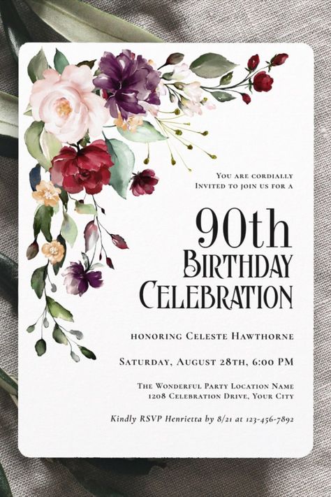 Boho Red Blush and Purple Floral 90th Birthday Invitation
Celebrate a 90th birthday in beautiful boho style with this unique watercolor floral birthday party invitation! #90thbirthday #elegant #birthday #happybirthday #birthdaycards #birthdayparty #floral Floral Birthday Party Invitations, Purple And Peach, Bday Party Invitations, 90th Birthday Invitations, 70th Birthday Invitations, Floral Birthday Invitations, Floral Birthday Party, 90's Birthday Party, Red Blush