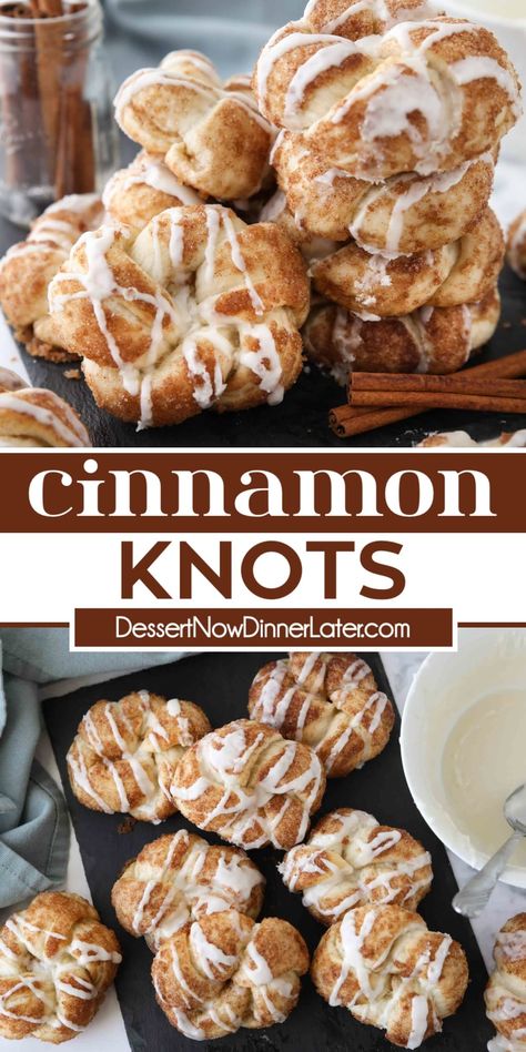 Cinnamon Knots are made from bread dough that's shaped into a knot and coated with butter and cinnamon-sugar. They're easy to make and taste just like cinnamon rolls with a quick icing drizzled on top. A great pastry for breakfast or dessert. Cinnamon Sugar Knots, Rhodes Rolls Breakfast Recipes, Rhodes Sweet Dough Recipes, Recipes With Rhodes Frozen Rolls, Cinnamon Knots Recipes, Cinnamon Rolls From Frozen Bread Dough, Rhodes Rolls Recipes Cinnamon, Cardamom Knots, Dough Desserts