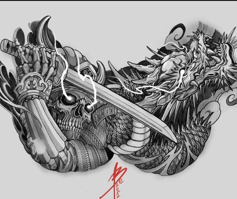 Samurai And Dragon, Chest Tattoo Japanese, Chest Tattoo Men Ideas, Tattoo Men Ideas, Tato Geisha, Ghost Samurai, Blitz Tattoo, Samurai Tattoo Sleeve, Chest Tattoo Drawings