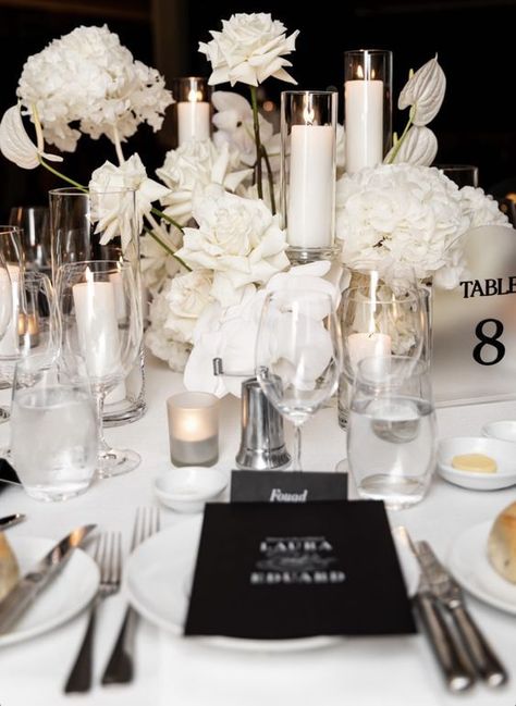 Monochrome Wedding Party, Black Velvet Wedding Decor, Modern Black And White Wedding Aesthetic, Black And White Venue Decor, Wedding Centerpieces Black, Modern Minimalist Wedding Reception, Black Tie Reception, Modern Black Tie Wedding, Round Table Centerpieces Wedding