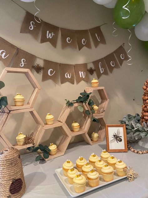 Bumble Bee Dessert Table, Sweet As Can Bee Cupcakes, Bee Theme Treat Table, Honey Themed Cupcakes, Hexagon Cupcake Display, Honey Comb Cupcake Stand, Mama To Bee Cupcakes, Honeycomb Cupcake Stand, Honey Bee Balloon Garland