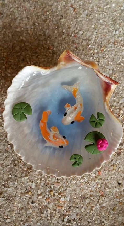 Miniature Koi Pond in Seashell, Fairy Garden Miniatures, Miniature Garden…: Miniature Koi Pond, Miniatures Polymer Clay, Green Lily, Fairy Garden Miniatures, Polymer Clay Fairy, Fairy Garden Designs, Folding Origami, Fairy Garden Crafts, Fairy Furniture