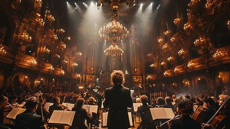 The image shows a conductor standing in front of an orchestra. The conductor is wearing a black suit and has his back to the camera ->> more details in ai-img-gen.com Orchestra Concerts, Orchestra Conductor, Grand Hall, Gold And Red, The Concert, Symphony Orchestra, Concert Photography, Black Suit, Concert Hall