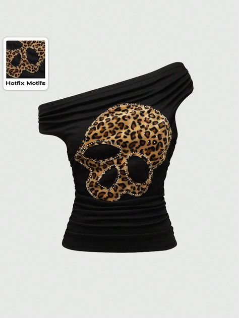 Women's Sexy Asymmetrical Neck Leopard Print Skull Slim Fit T-Shirt, School Black Casual  Short Sleeve Fabric Colorblock,Leopard Print,Textured Pattern  Medium Stretch  Women Clothing, size features are:Bust: ,Length: ,Sleeve Length: Zebra Print Clothes, Cheetah Print Outfits, Boho Attire, Shein Shopping, Masc Fem, Plus Size Y2k, Emo Shirts, Mcbling Fashion, Women Skeleton