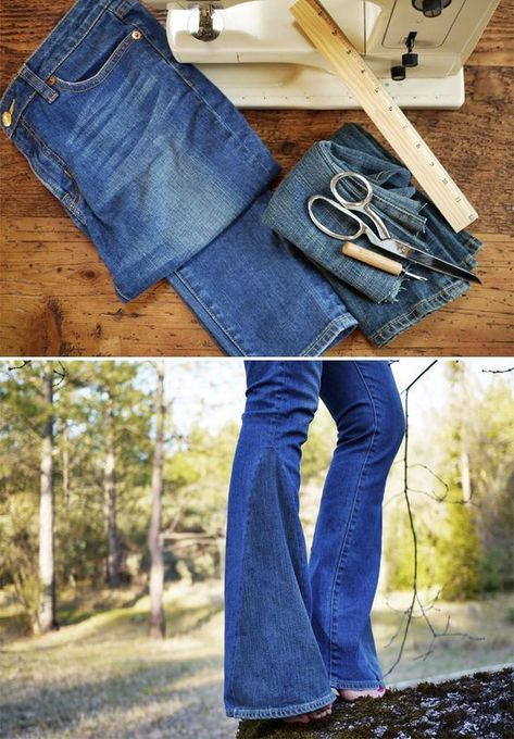 Diy Bell Bottom Jeans, Diy Flare Jeans, Diy Bell Bottoms, Denim Scraps, Estilo Hippie, Hippie Costume, Denim Crafts, Denim Diy, Bottom Jeans