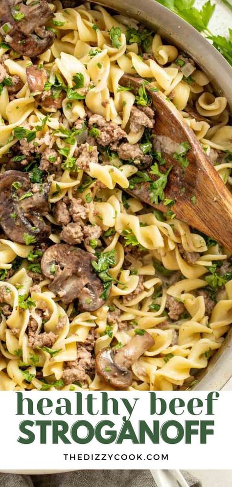 This lightened up version of beef stroganoff uses lean ground beef, a light creamy sauce and mushrooms. Made without sour cream, this is the perfect recipe for anyone looking for a healthy beef stroganoff. A great 30 minute dinner that is also low sodium and additive-free. Healthy Ground Beef Stroganoff, Ground Meat Dinners, Lean Ground Beef Recipe, Sodium Free Recipes, Healthy Beef Stroganoff, Beef Mushroom Stroganoff, Low Sodium Recipes Heart, Roasted Carrots And Parsnips, Heart Healthy Recipes Low Sodium