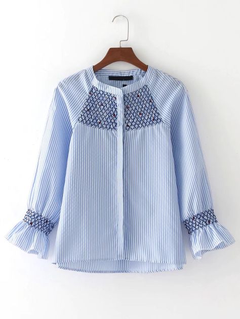 blouse170426205_2 Embroidery Blouses, Ideas Embroidery, Blue Striped Shirt, Vintage Flare, Shirt Embroidery, Embroidery Blouse, Embroidery Fashion, Blouse Online, Women Vintage