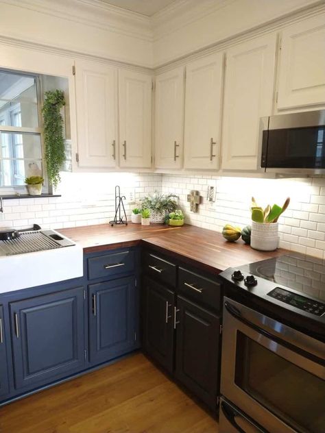 Dark Blue Painted Kitchen Cabinets, Two Toned Navy Kitchen Cabinets, Dark Blue Bottom Cabinets White Top, Dark Blue Kitchen Cabinets With Butcher Block Countertops, Navy Cabinets Wood Countertop, Navy Boho Kitchen, Blue Kitchen Cabinets With Wood Counter, Butcher Block Navy Cabinets, Navy Blue Countertops Kitchen