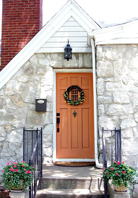 front-door Orange Front Door, Orange Front Doors, Traditional Porch, Orange Door, Front Door Makeover, Front Door Christmas Decorations, Front Door Paint Colors, Outdoor Designs, Door Paint Colors