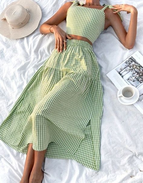 Summer Top Inspiration, Cute Tops To Wear With Skirts, Two Piece Summer Dress, Skirt And Top Co Ord, Gingham Tops For Women, Gingham Two Piece Outfit, Green Gingham Skirt, Sewing Two Piece Outfit, How To Style Sleeveless Top