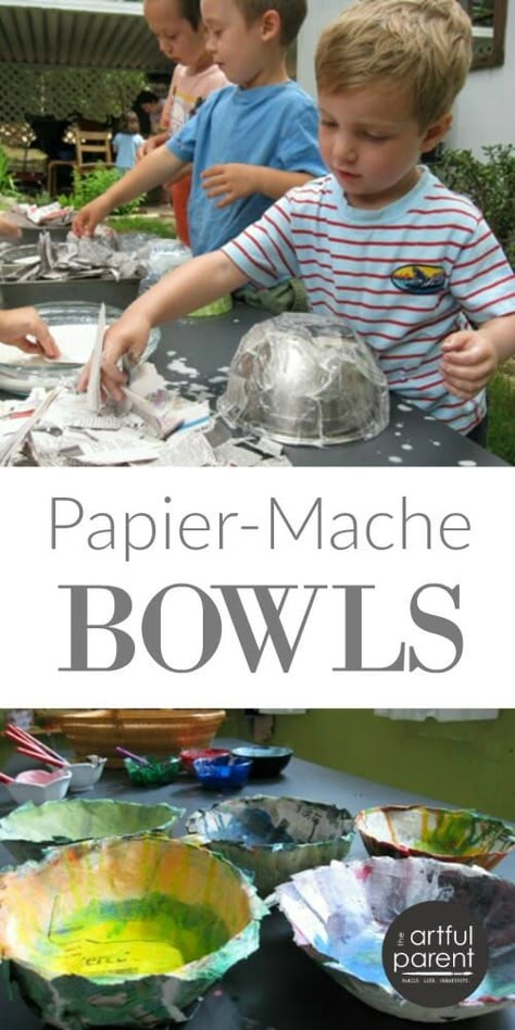 How to make papier mache bowls with kids. We did this papier-mache project outdoors with the children's art group and painted the bowls after they dried. Newspaper Art For Kids, Paper Mache Crafts For Kids, Vetenskapliga Experiment, Diy Paper Art, Paper Mache Projects, Paper Mache Bowls, Newspaper Art, Paper Mache Crafts, Newspaper Crafts