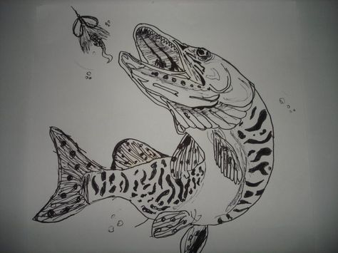 Tiger musky drawings Tiger Muskie, Musky Fishing, Fish Tattoo, Fly Fishing, Fish Tattoos, Easy Drawings, Block Print, Fishing, Humanoid Sketch