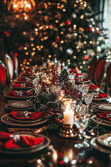 Luxurious Christmas dining table set in maximalist style. Set a stunning table for the holidays! This maximalist Christmas dining decor is overflowing with rich textures, sparkling details, and a warm, inviting atmosphere. Perfect for those who love opulent, festive decor. #HolidayTableSetting #ChristmasDining #MaximalistDecor #FestiveTable #ChristmasInspo Opulent Christmas Table, Maximalist Christmas Table, Christmas Diner Table, Maximalist Christmas Decor, Maximalist Christmas, Christmas Dining Decor, Christmas Diner, Luxurious Christmas, Luxury Details