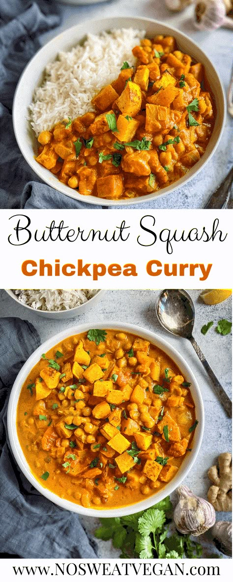 Butternut Squash and Chickpea Curry This Butternut Squash Curry is creamy, luxurious, and oh-so-comforting. Made with roasted butternut squash, chickpeas, and an array of Indian spices, this mildly spiced vegan curry is perfect for a cozy night in. Chickpea Butternut Squash Soup, Butternut Squash Vegan, Butternut Squash Curry, Vegan Butternut Squash, Vegan Entrees, Keto Soups, Asian Recipe, Vegetarian Foods, Butternut Squash Recipes