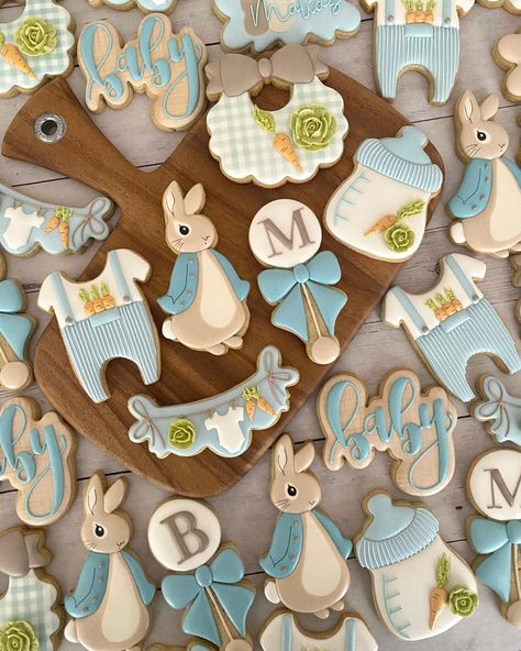 Bunny Baby Shower Theme, April Baby Shower, Rabbit Cookies, Easter Baby Shower, Peter Rabbit Party, Baby Shower Theme Decorations, Bunny Baby Shower, Sprinkle Baby Shower, Spring Baby Shower