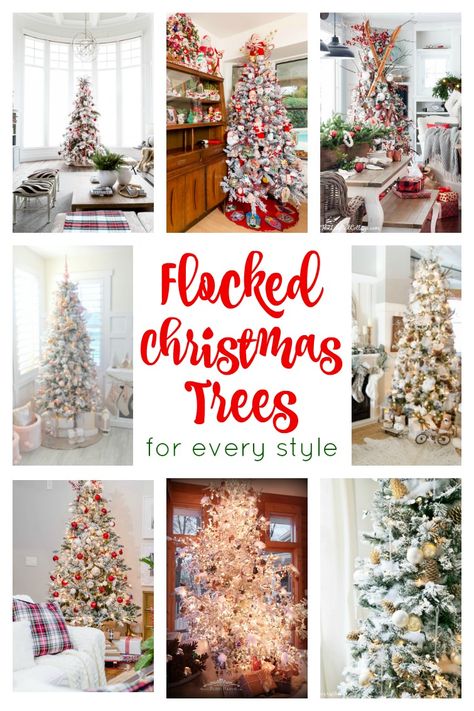 Fall Christmas Tree, Green Holiday Decor, Flocked Tree, Flocked Christmas Tree, Flocked Trees, Farmhouse Style Christmas, Flocked Christmas Trees Decorated, Christmas Tree Decorating Themes, Farmhouse Christmas Tree