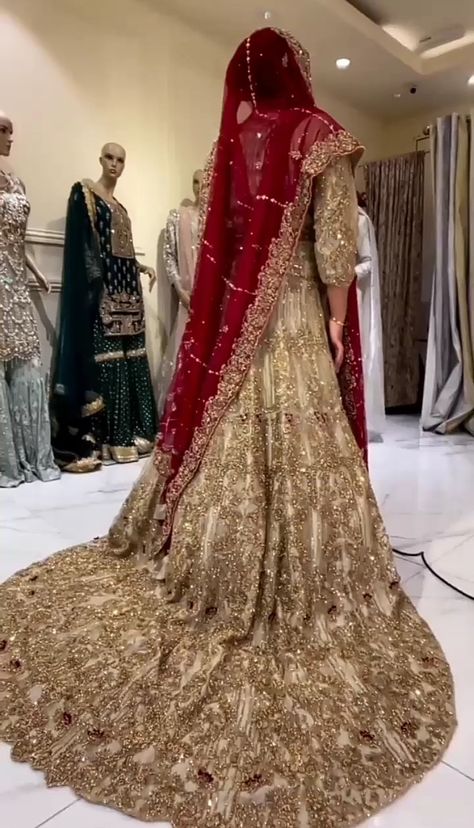 Light Golden Bridal Maxi Design & Brownish Embroidery Full Work with Red Dupatta Cornern Bordered..! Gold Bridal Lengha With Red Dupatta, Gold And Red Wedding Dress, Golden Bridal Lehenga With Red Dupatta, Golden Bridal Lehenga, Bridal Maxi, Red Dupatta, Pakistani Bridal Dress, Red Bridal Dress, White Gold Dress