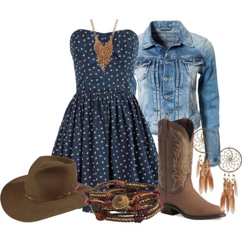 Keepin it Country- blue w/white strapless dress, denim jacket, brown cowboy hat and brown boots Jean Dress Cowgirl Outfit, Jean Dress With Boots Cowgirl, Denim Dress And Cowboy Boots Outfit, Denim Jacket Cowboy Boots, Authentic Outfits, Footloose 2011, Outfit Vaquero, Denim Dress With Cowbiy Boots, Cowboy Fashion