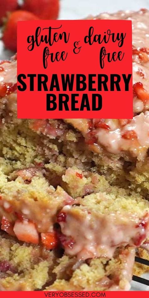 Close up of gluten-free dairy-free strawberry bread with strawberry glaze Strawberry Bread Recipe, Strawberry Bread Recipes, Dairy Free Breakfast Recipes, Quick Bread Recipe, Strawberry Breakfast, Baked Breakfast Recipes, Strawberry Bread, Strawberry Glaze, Dairy Free Breakfasts