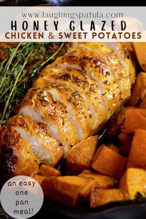 Seared in honey, butter and thyme- this delicious one pan meal is a family favorite. Chicken Breast And Sweet Potatoes, Honey Potatoes, Classic Casseroles, Bake Chicken Breast, Chicken With Sweet Potatoes, Chicken Potato Bake, Honey Glazed Chicken, One Pan Meal, Bake Chicken