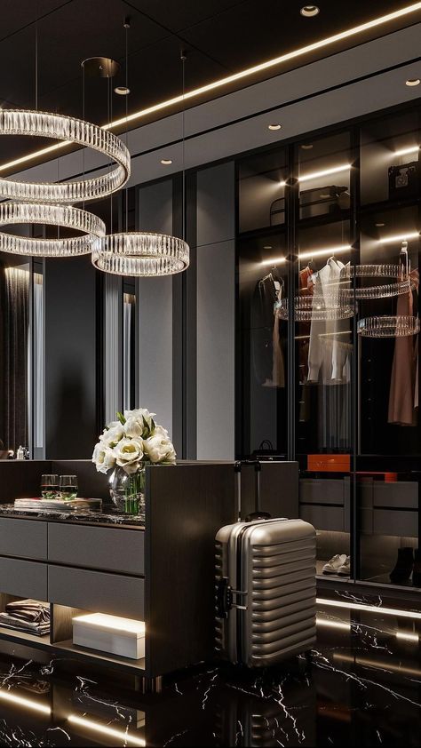 GMJ | INTERIOR + ARCHITECTURE | Merge fashion with function in our exquisite walk-in closet design! 🧥👖Discover a dark, luxurious mood that perfectly balances your fashion… | Instagram Luxury Walk In Closet Aesthetic, Master Walk In Closet Ideas Luxury, Walking Closet Luxury, Luxury Closet Designs Master Suite, Vegas Penthouse, Walk In Closet Luxury, Walking Wardrobe, Luxurious Walk In Closet, Luxurious Dressing Room