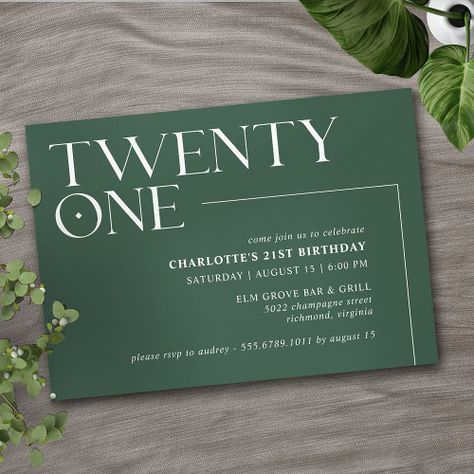 $3.08 | Emerald Green | Modern Simple 21st Birthday Party - 21st birthday invitations, instant download 21 birthday party, digital downloadable adult birthday, elegant modern minimal simple simplistic, fancy classy sophisticated jewel tone, dark emerald green forest moss, bold moody text only typography, formal chic stylish horizontal, gender neutral unisex, twenty first birthday invites Black 21st Birthday, 21 Birthday Party, 92nd Birthday, Twenty First Birthday, 21st Birthday Invitations, 21st Birthday Cards, 21 Birthday, Birthday Party 21, Free Birthday Invitations