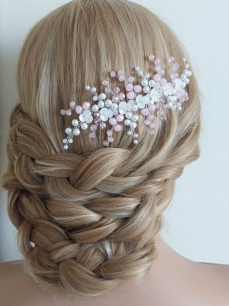 Bridal Side Hair, Pink Wedding Accessories, Pink Headpiece, Wedding Sides, Soft Pink Wedding, Crystal Comb, Wedding Blush, Silver Hair Comb, Side Hair