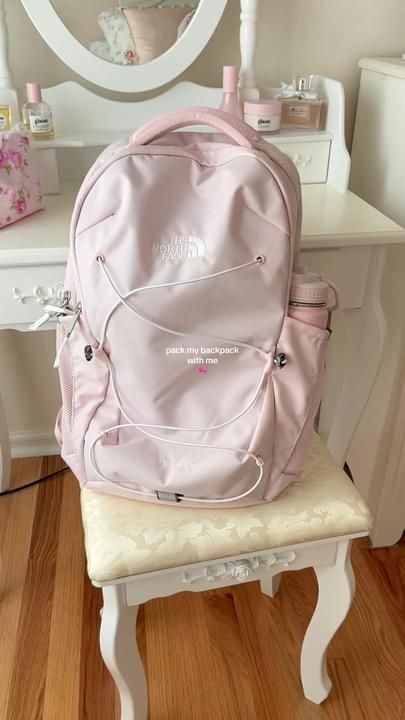 Keanni on TikTok School Backpack Outfit, Pink North Face Backpack, North Face Backpack School, School Bag Organization, Pink School Bags, Cute Backpacks For School, School Backpack Essentials, Preppy School Supplies, Pretty School Supplies