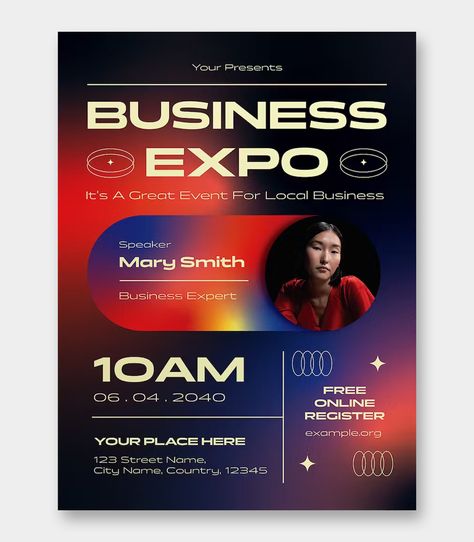 Gradient Business Expo Flyer Template PSD, AI Gradient Flyer Design, Expo Poster Design Ideas, Expo Poster, Event Poster Design Inspiration, Dear Face, Red Gradient, Event Poster Design, Poster Design Inspiration, Gradient Design